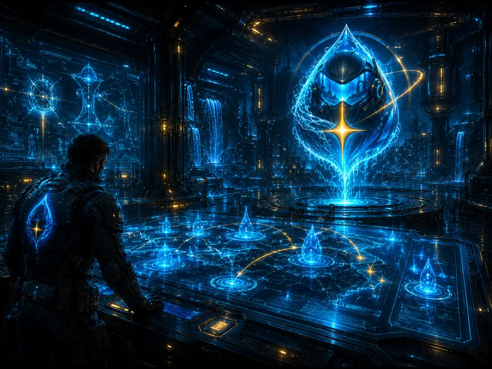 Futuristic Blackwater Protocol command center with a tactical operator and holographic mission systems