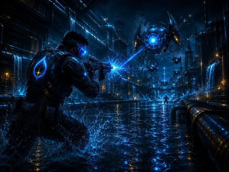 Futuristic tactical operative engaging drones inside a flooded industrial Blackwater environment